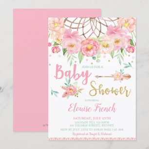 Boho Pink Blumen Baby Shower Traumfänger Mädchen Einladung