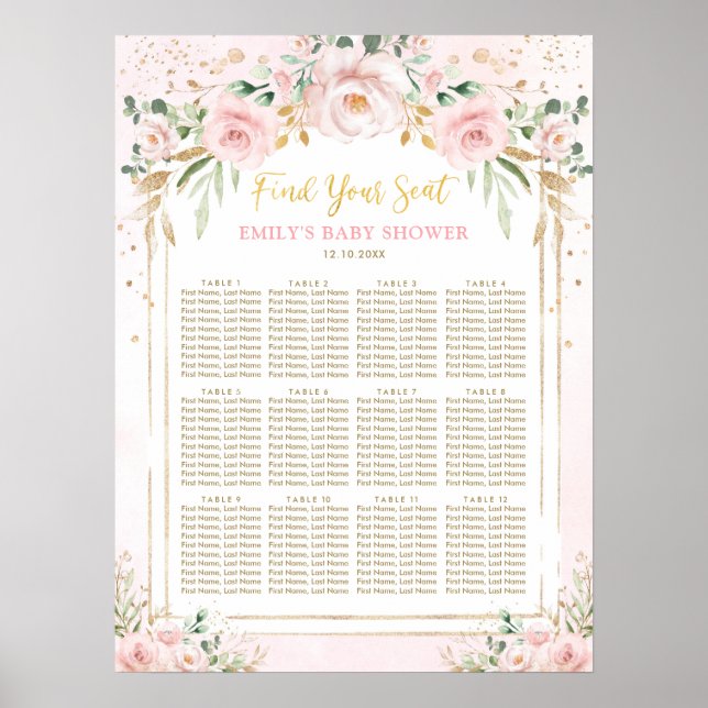 Boho Pink Blush Floral Girl Babydusche Sitzplatz Poster (Vorne)