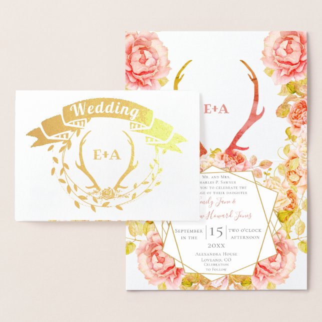 Boho Pink Blush Rose Gold Antler Wedding Real Gold Folienkarte (Anzeige)