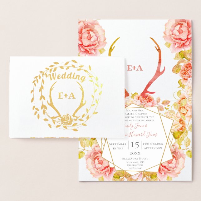 Boho Pink Blush Rose Gold Antler Wedding Real Gold Folienkarte (Anzeige)