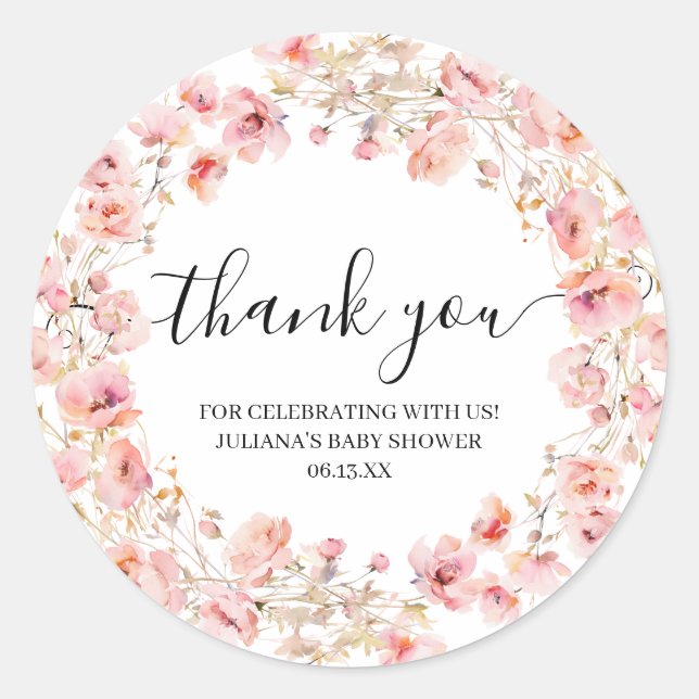 BOHO PINK BLUSH WATERCOLOR FLORAL WREATH RUNDER AUFKLEBER (Vorderseite)