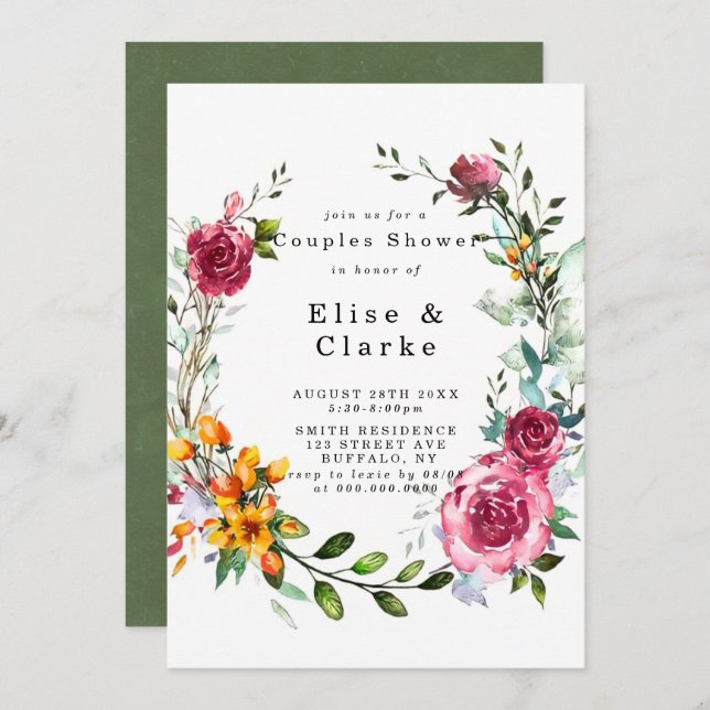 Boho Pink Bourgogne Floral Couples Invitations de  (Devant / Derrière)