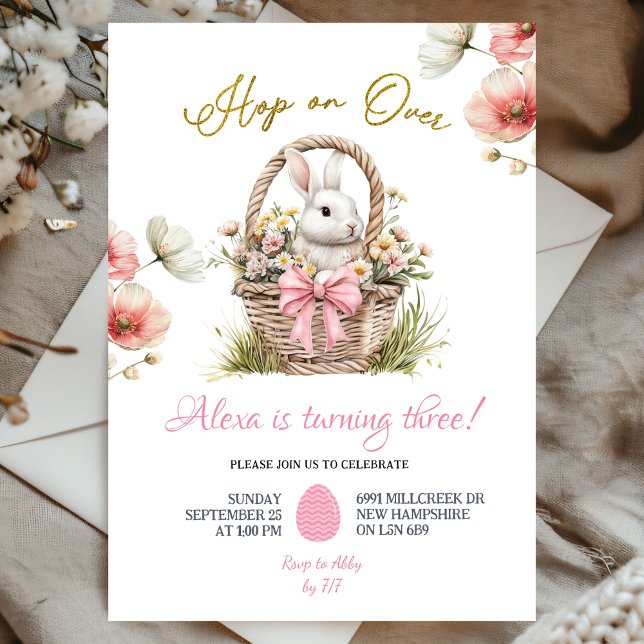 Boho Pink Bow Floral Easter Bunny Birthday Einladung (Von Creator hochgeladen)