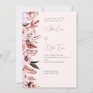Boho Pink & Brown Blume & Feathers Cream Wedding Einladung
