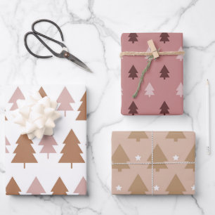 Boho Pink Brown Weihnachtsbaumen Urlaub Geschenkpapier Set
