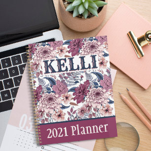 Boho Pink Burgundy Floral und Blue Botanicals Planer