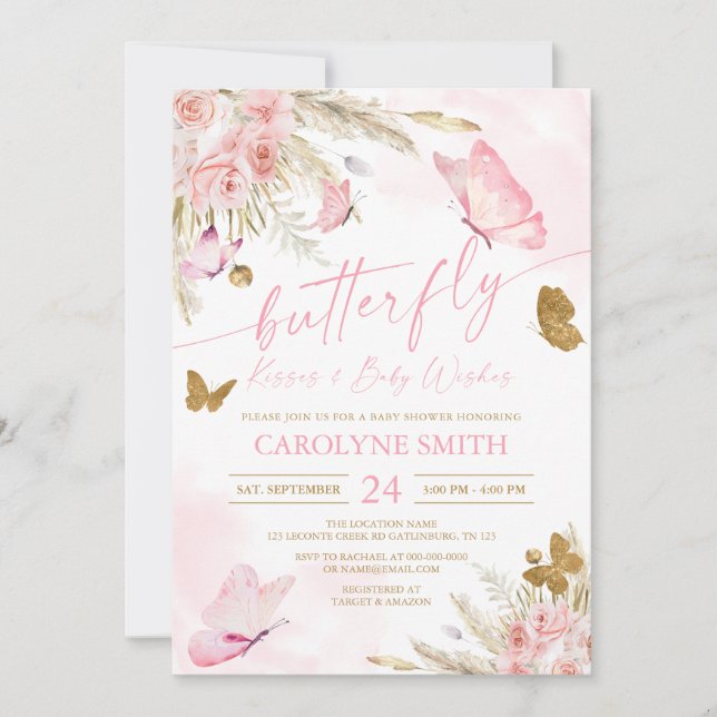 Boho Pink Butterfly Baisers Baby shower Invitation (Devant)
