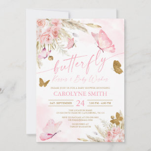Boho Pink Butterfly Baisers Baby shower Invitation