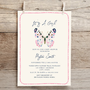 Boho Pink Butterfly Doodle Border Girl Babydusche Einladung