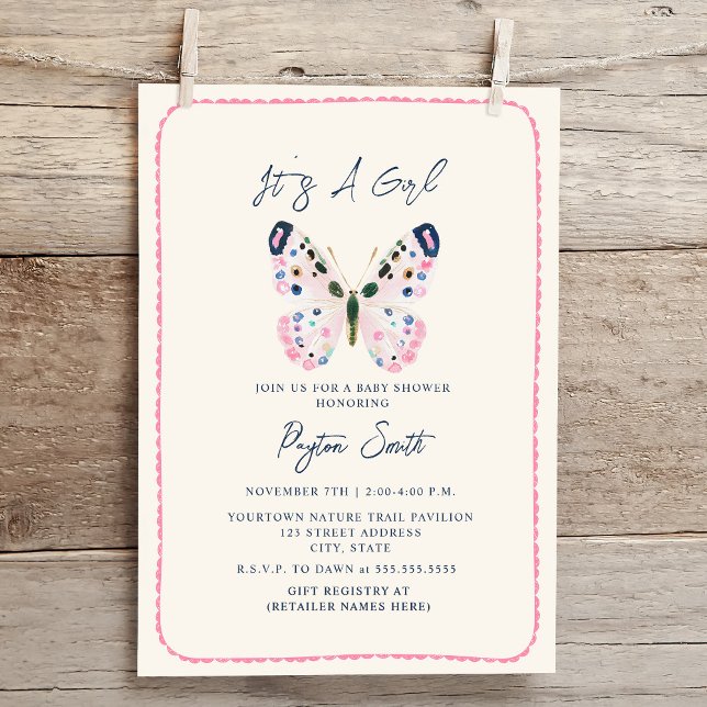 Boho Pink Butterfly Doodle Border Girl Babydusche Einladung (Von Creator hochgeladen)