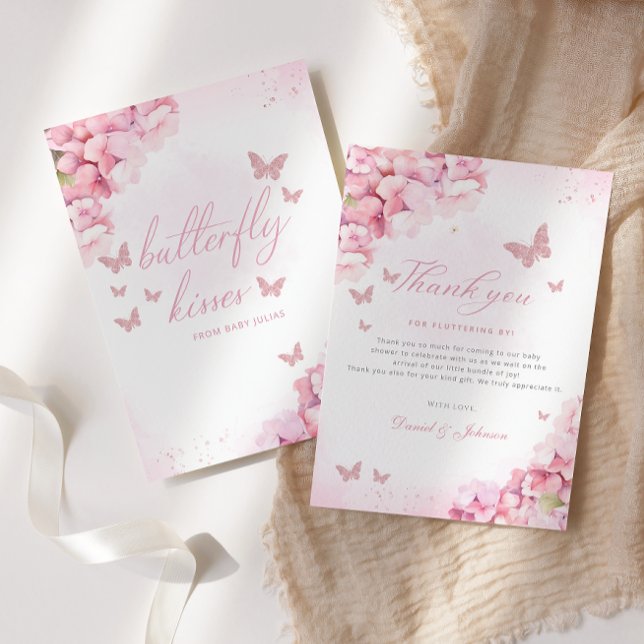 Boho Pink Butterfly Kisses Floral Girl Baby Shower Dankeskarte (Von Creator hochgeladen)