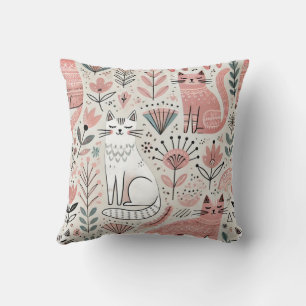 Boho Pink Chat Motif Coussin décoratif
