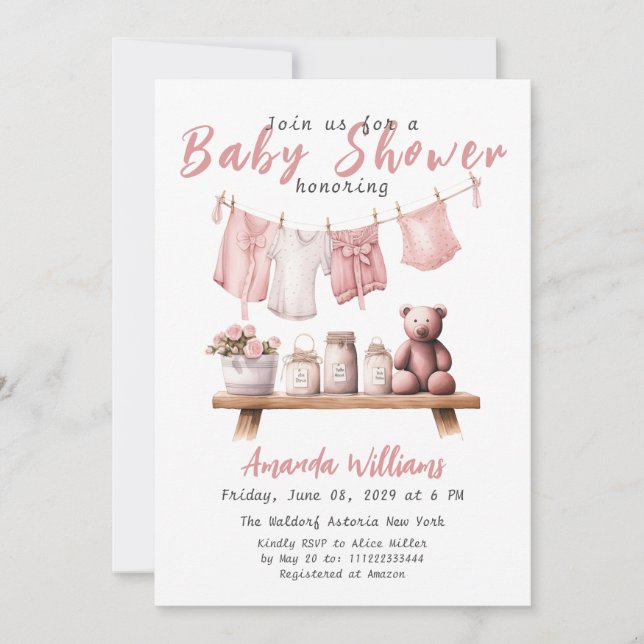 Boho Pink Clothesline Sweet Baby Girl Babydusche Einladung (Vorderseite)