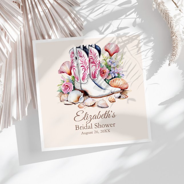 Boho Pink Cowgirl Cowgirl Boots Brautparty Serviette (Boho Pink Coastal Cowgirl Boots Bridal Shower Napkins on a sunny white table.)
