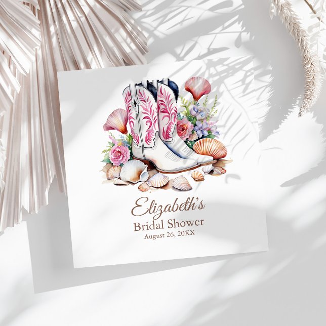Boho Pink Cowgirl Cowgirl Boots Brautparty Serviette (Boho Pink Coastal Cowgirl Boots Bridal Shower Napkins on a sunny white table.)