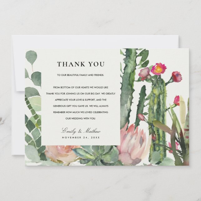 BOHO PINK DESERT CACTUS FLORAL WATERCOLOR WEDD DANKESKARTE (Vorderseite)