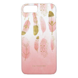 Boho Pink Feathers Imitats Gold Fossil Personalisi Case-Mate iPhone Hülle