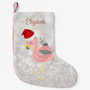 Boho Pink Flamingo mit Weihnachtsmannmütze, Glitte Kleiner Weihnachtsstrumpf