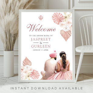 Boho Pink Floral Anand Karaj Affiche de bienvenue 