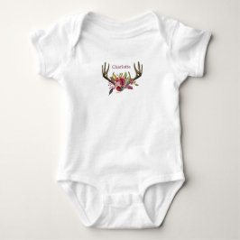 Boho Pink Floral Aquarell Antler Monogramm Baby Strampler