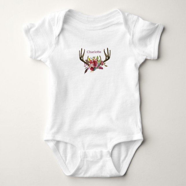 Boho Pink Floral Aquarell Antler Monogramm Baby Strampler (Vorderseite)