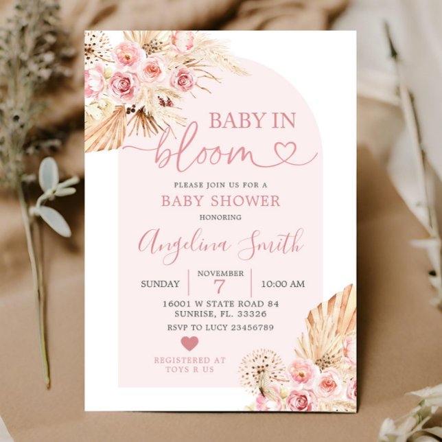 Boho Pink Floral Arch Baby in Bloom Baby Dusche in Einladung (Von Creator hochgeladen)
