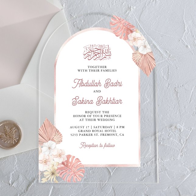 Boho Pink Floral Arch Muslime Hochzeit Acryleinladungen (Von Creator hochgeladen)