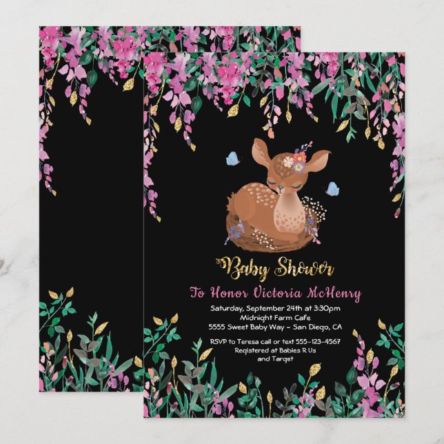 Boho Pink Floral Baby Deer Dusche Einladung (Vorne/Hinten)