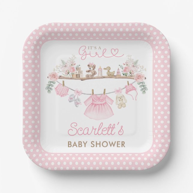 Boho Pink Floral Baby Girl Kleidung Waschmaschine  Pappteller (Vorderseite)