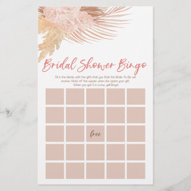 Boho Pink Floral Bingo Brautparty Game Briefpapier (Vorderseite)