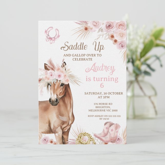 Boho Pink Floral Brown Pferde Sattel bis Geburtsta Einladung (Stehend Vorderseite)