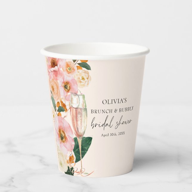 Boho Pink Floral Brunch & Bubbly Champagner Pappbecher (Vorderseite)