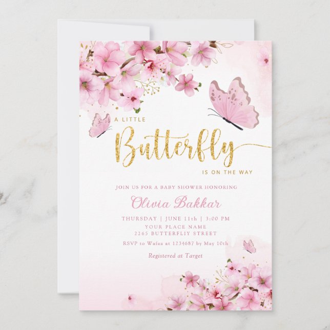 Boho Pink Floral Butterfly Girl Babydusche Einladung (Vorderseite)