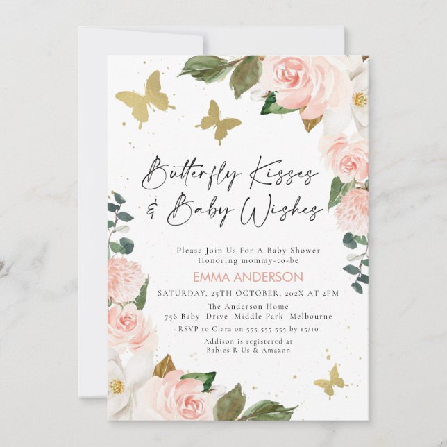 Boho Pink Floral Butterfly Kisses Baby Dusche Einladung (Vorderseite)