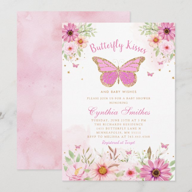 Boho Pink Floral Butterfly Kisses Girl Baby Shower Einladung (Vorne/Hinten)