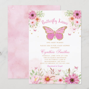 Boho Pink Floral Butterfly Kisses Girl Baby Shower Einladung