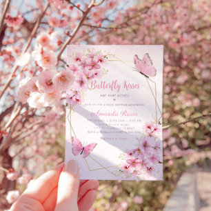 Boho Pink Floral Butterfly Kisses Girl Baby Shower Einladung