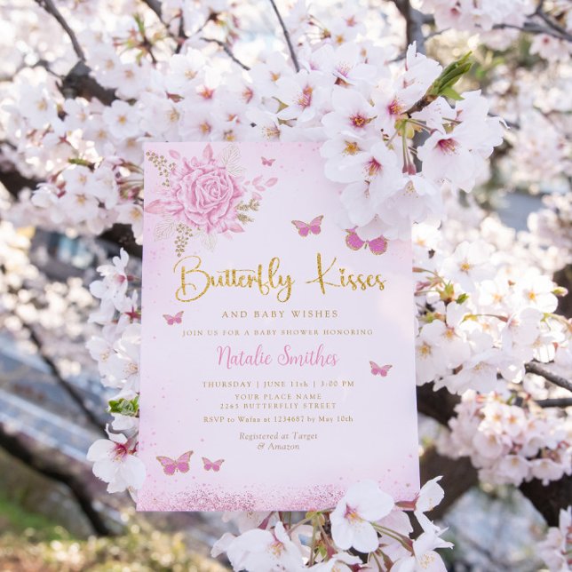 Boho Pink Floral Butterfly Kisses Girl Baby Shower Einladung (Von Creator hochgeladen)