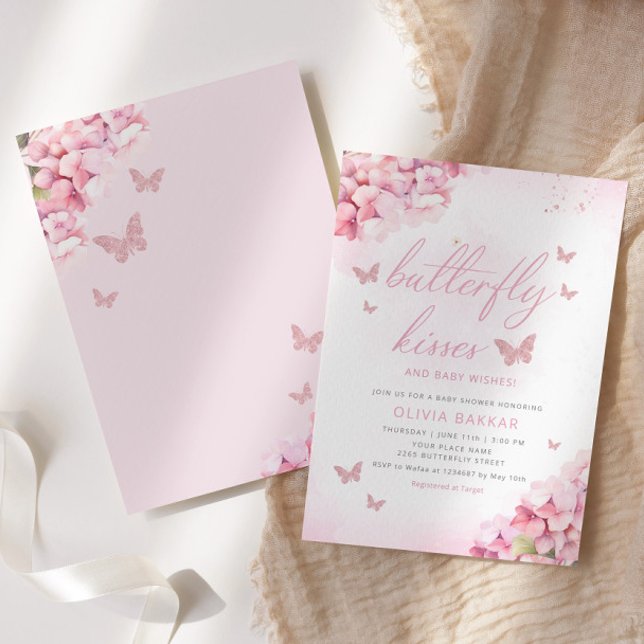 Boho Pink Floral Butterfly Kisses Girl Baby Shower Einladung (Von Creator hochgeladen)