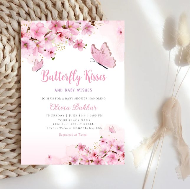Boho Pink Floral Butterfly Kisses Girl Baby Shower Einladung (Von Creator hochgeladen)