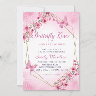 Boho pink Floral Butterfly Kisses Girl Baby Shower Einladung