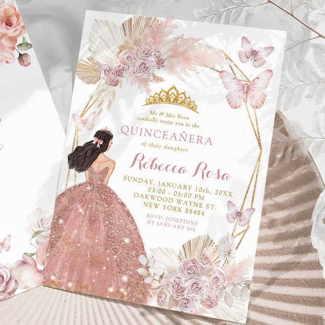 Boho Pink Floral Butterfly Prinzessin Quinceañera Einladung (Von Creator hochgeladen)