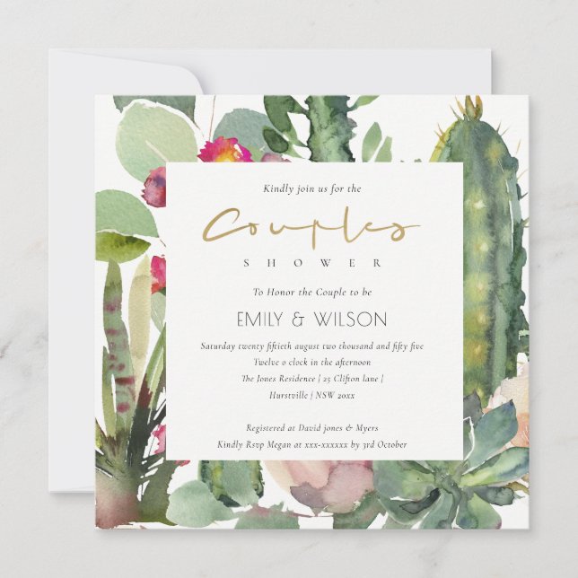 BOHO PINK FLORAL CACTI FOLIAGE COUPLES SHOWER EINLADUNG (Vorderseite)