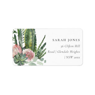 BOHO PINK FLORAL CACTI FOLIAGE WATERCOLOR ADRESSE ADRESSAUFKLEBER