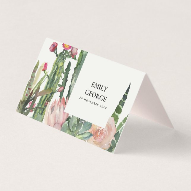 BOHO PINK FLORAL CACTI FOLIAGE WEDD PLATZKARTEN (Rückseite)