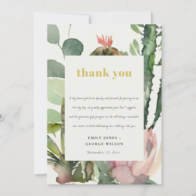 BOHO PINK FLORAL CACTI FOLIAGE WEDEDGE DANK EINLADUNG (Vorderseite)