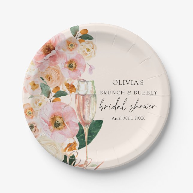 Boho Pink Floral Champagne Brunch & Bubbly Pappteller (Vorderseite)