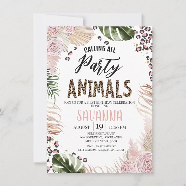 Boho Pink Floral Cheetah Print Safari 1st Birthday Einladung (Vorderseite)