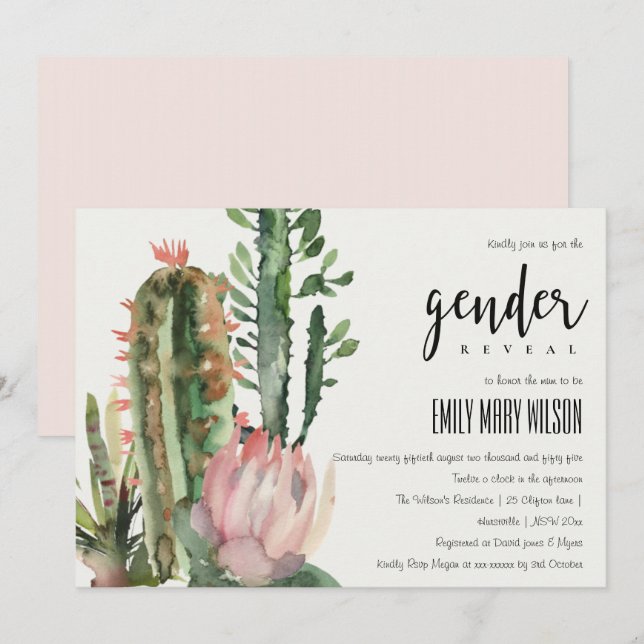 BOHO PINK FLORAL DESERT CACTI FAUNA GENDER REVEAL EINLADUNG (Vorne/Hinten)