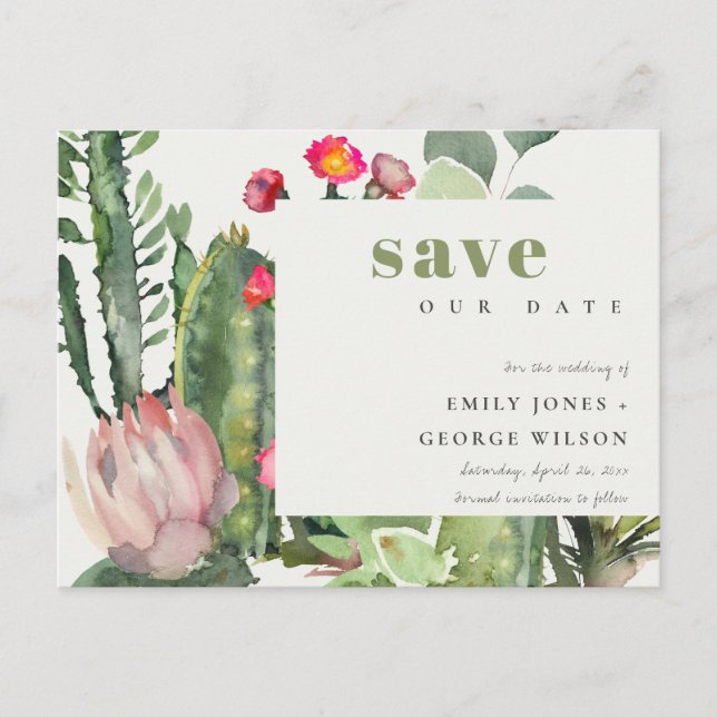 BOHO PINK FLORAL DESERT CACTI FAUNA SAVE THE DATE ANKÜNDIGUNGSPOSTKARTE (Vorderseite)